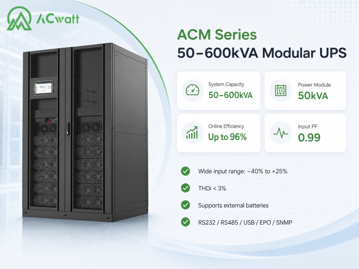 ACwatt ACM Series modular UPS product overview used for the Vietnam SMT project