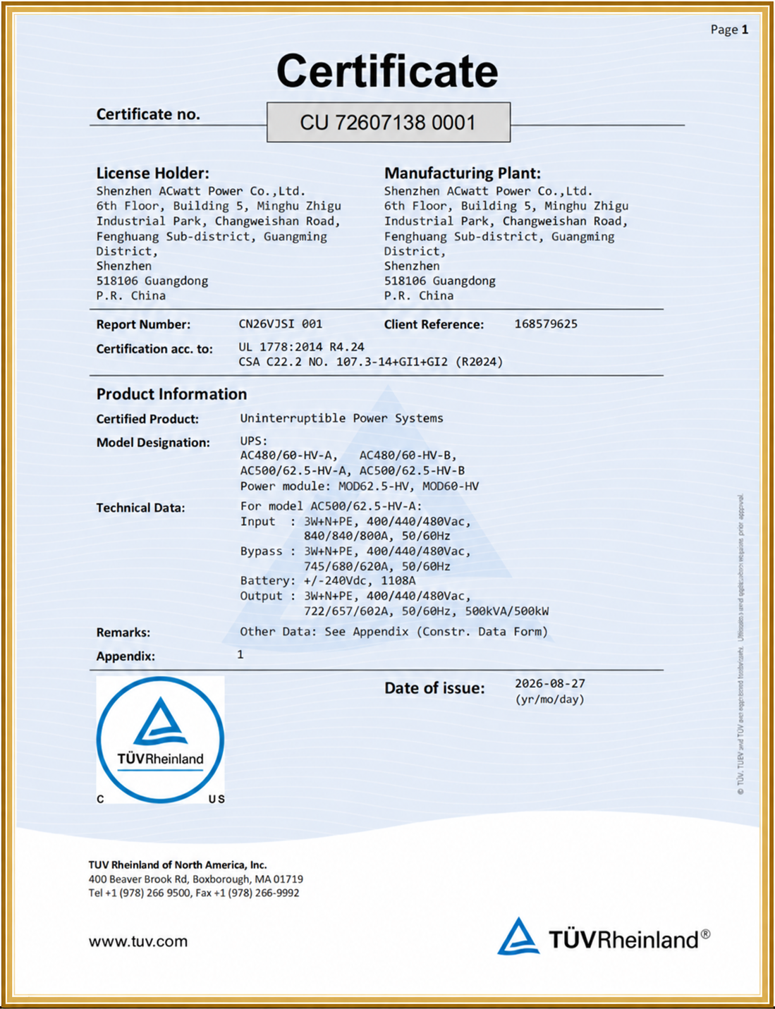 TÜV Rheinland certificate for specified ACwatt modular UPS models under UL 1778 and CSA C22.2 No. 107.3
