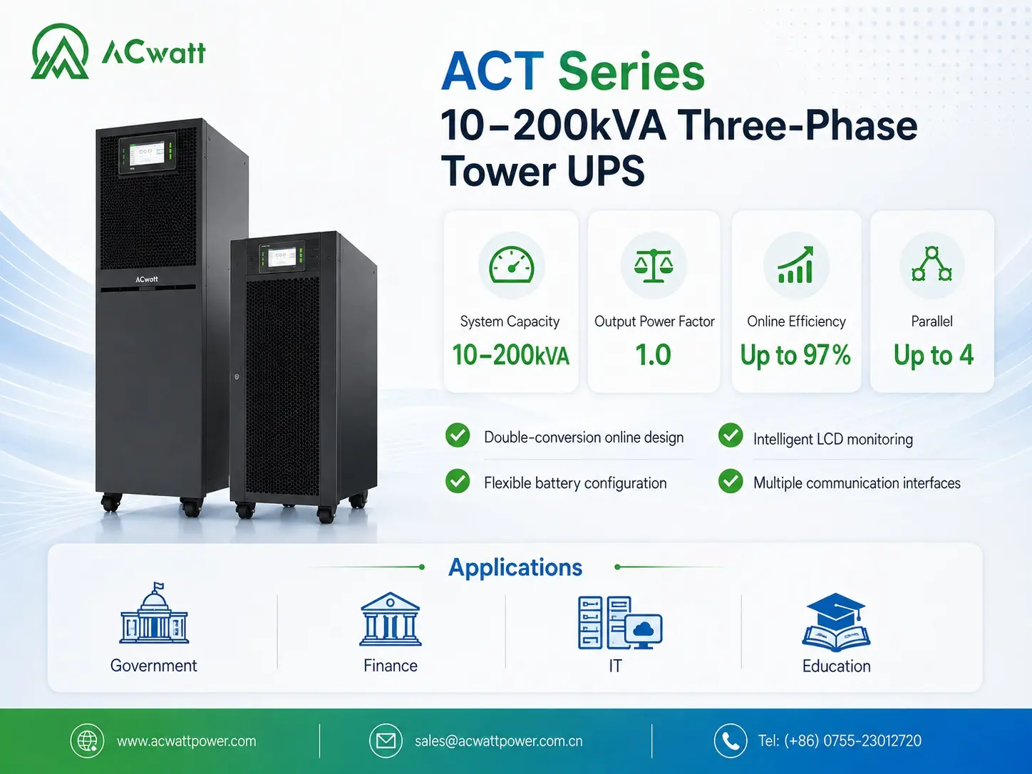 ACT Series 10&ndash;200kVA Three-Phase Tower UPS
